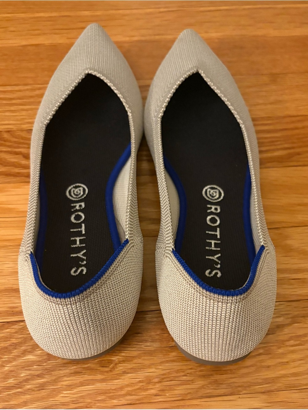 Rothy's Pointed Knit Flats in Light Gray with Blue Trim